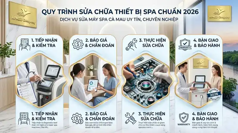 Dịch vụ Sửa máy spa Cà Mau Uy tín, Chuyên nghiệp năm 2026 3 Quy trình sửa chữa thiết bị spa tại Cà Mau chuẩn 2026